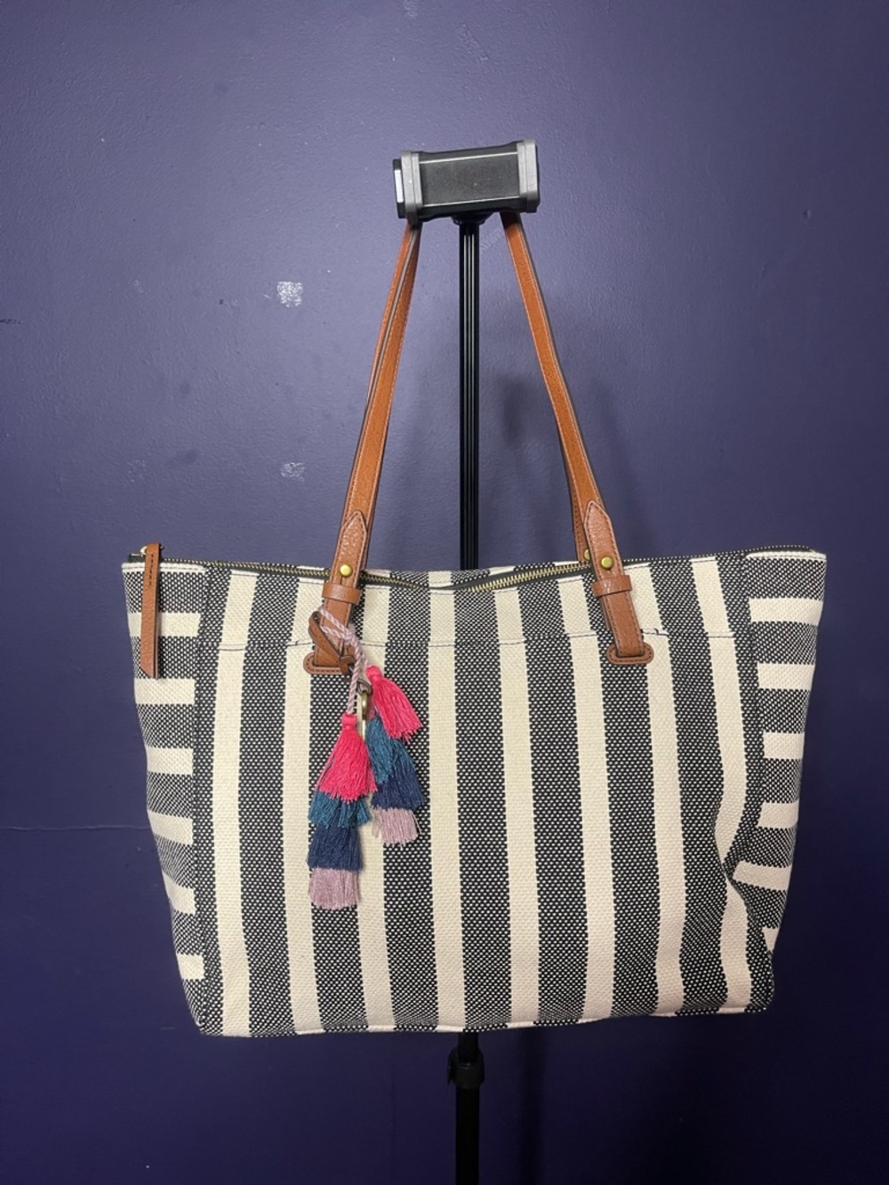 Fossil Black & Cream Striped Canvas Tote with Brown Leather Handles - Picture 2 of 4